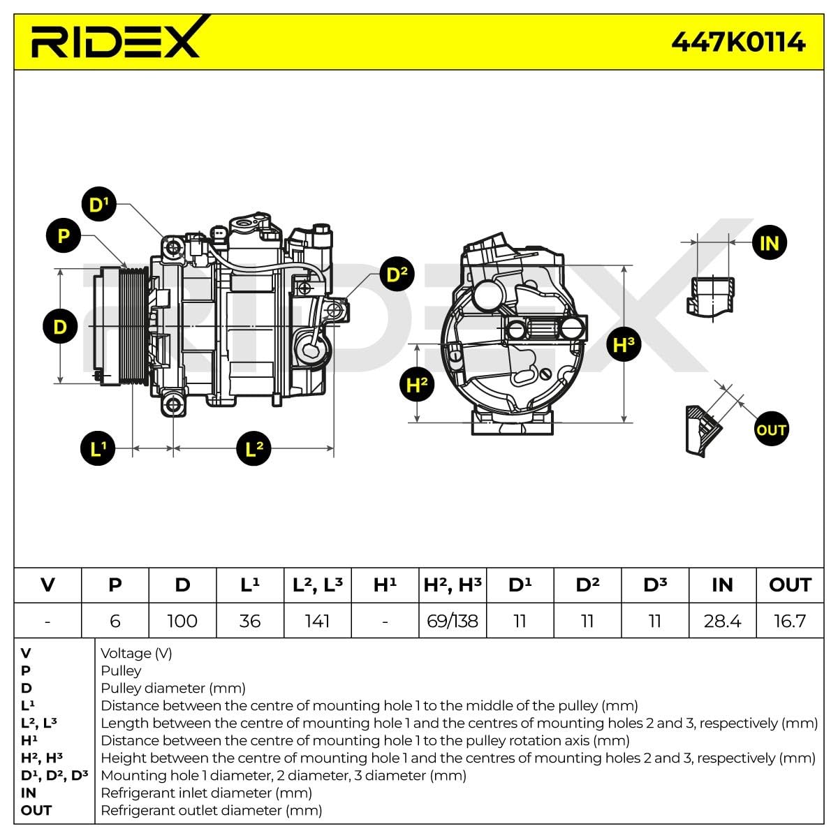 RIDEX 447K0114 Compresseur de clim avec joints avec huile compresseur-PAG avec bague d'étanchéité Compatible avec MERCEDES-BENZ Classe C Berline W204