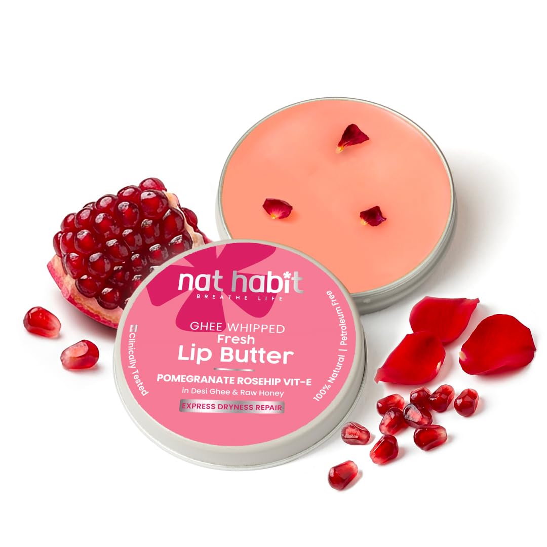 Nat Habit Lip Balm Fresh Infused Pomegranate Rose, 10g, Lip Butter With Desi Ghee & Raw Honey