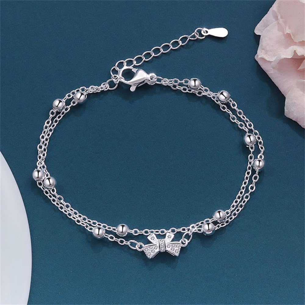 Dainty Bow Knot Bracelet For Women Silver Plated CZ Crystal Charm Ball Beaded Link Stackable Bracelets Adjustable Chain Trendy Lucky Wedding Fashion Jewelry For Her - Image 5