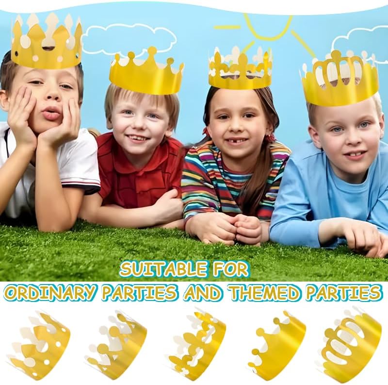 100 gold paper birthday crowns, DIY adjustable size design, perfect for children's birthday parties and family gatherings.