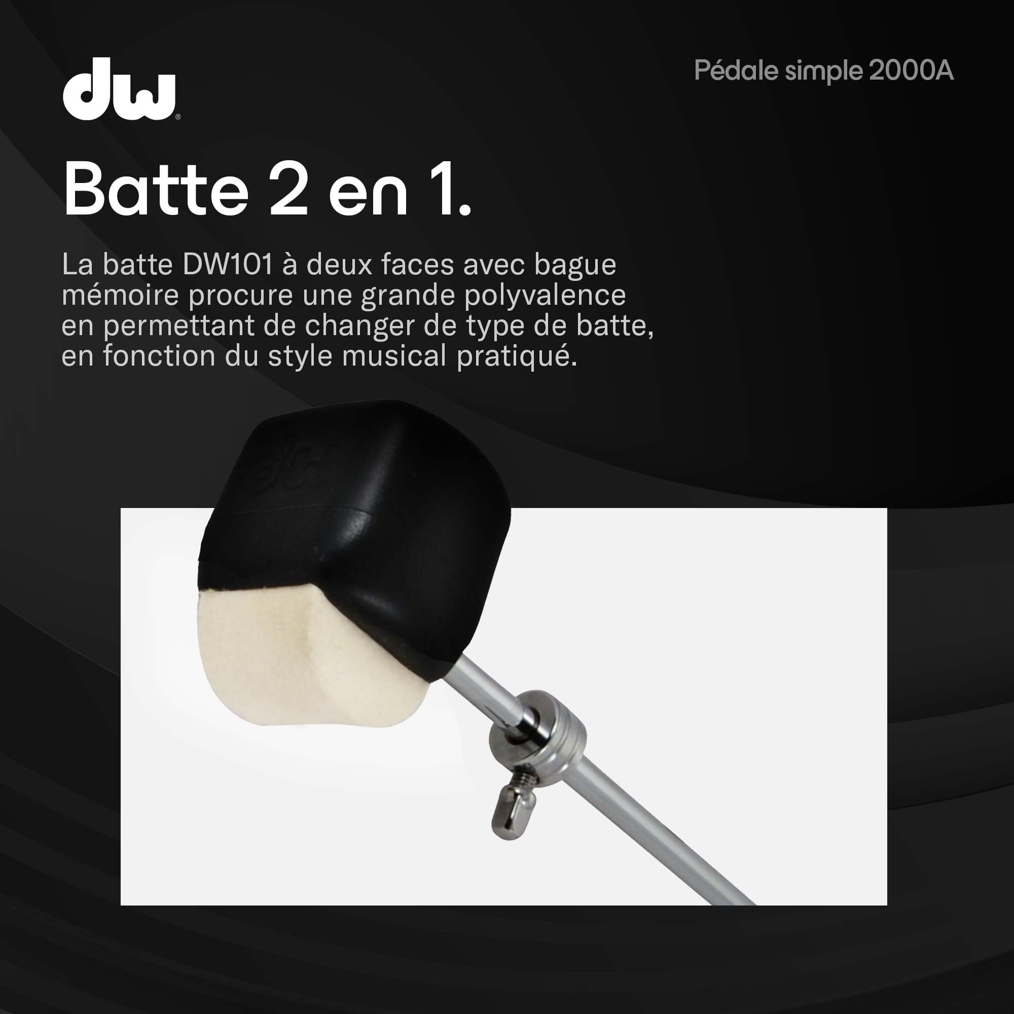 DW 2000A | Pédale de grosse caisse série 2000 | Idéale pour les batteurs de tout niveau | Cadre métallique robuste avec came Accelerator à simple chaîne | Batte à deux faces