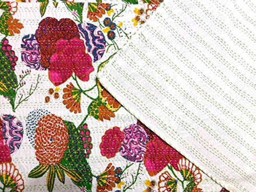V Vedant Designs Queen Size White Cotton Kantha Quilt Reversible Throw Blanket Fruit Print Bedding