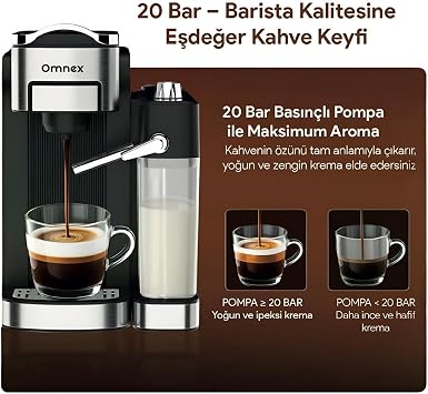 Ox-Pro2 Espresso Kahve Makinesi 20 Bar Kapsül & Öğütülmüş Kahve, Süt Köpürtücü Latte Cappuccino