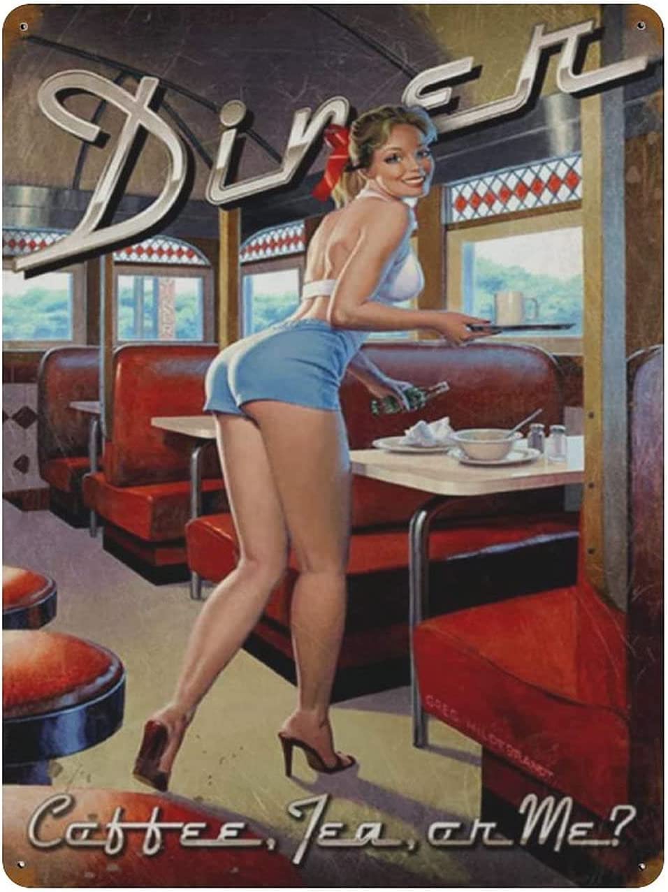 Haosensix Metal Tin Sign Pinup Girl Smile on Dining Room Coffee Tea Vintage Shabby Metal Poster For Home Kitchen Cafe Pub Man Cave Funny Wall Door Decor Plaque 8x12 Inches