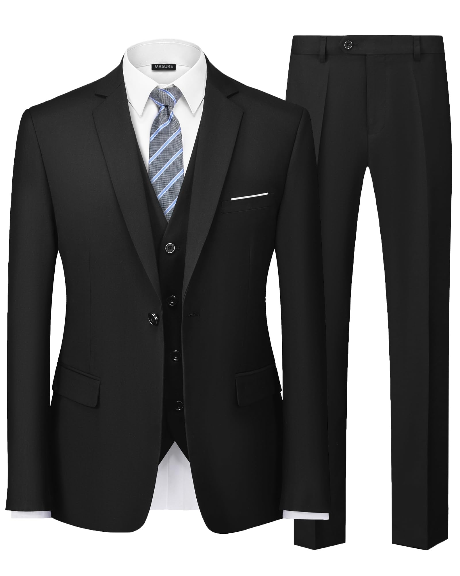 MrSureMen’s 3 Piece Suit Blazer, Slim Fit Tux with One Button, Jacket Vest Pants & Tie Set for Party, Wedding and Business