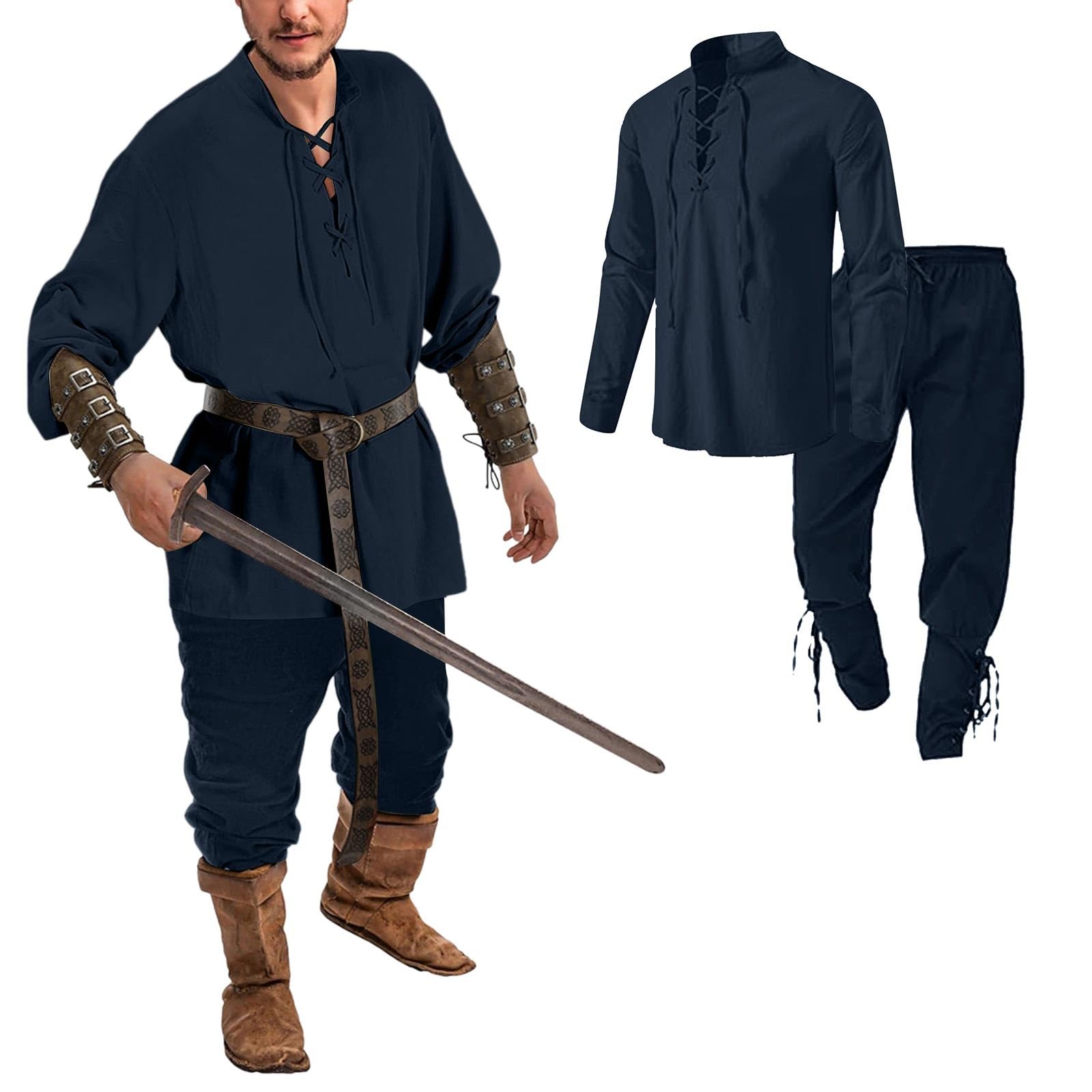Vichingo Costume da Uomo Medievale Rinascimentale con Camicia Lino e Pantaloni Caviglia