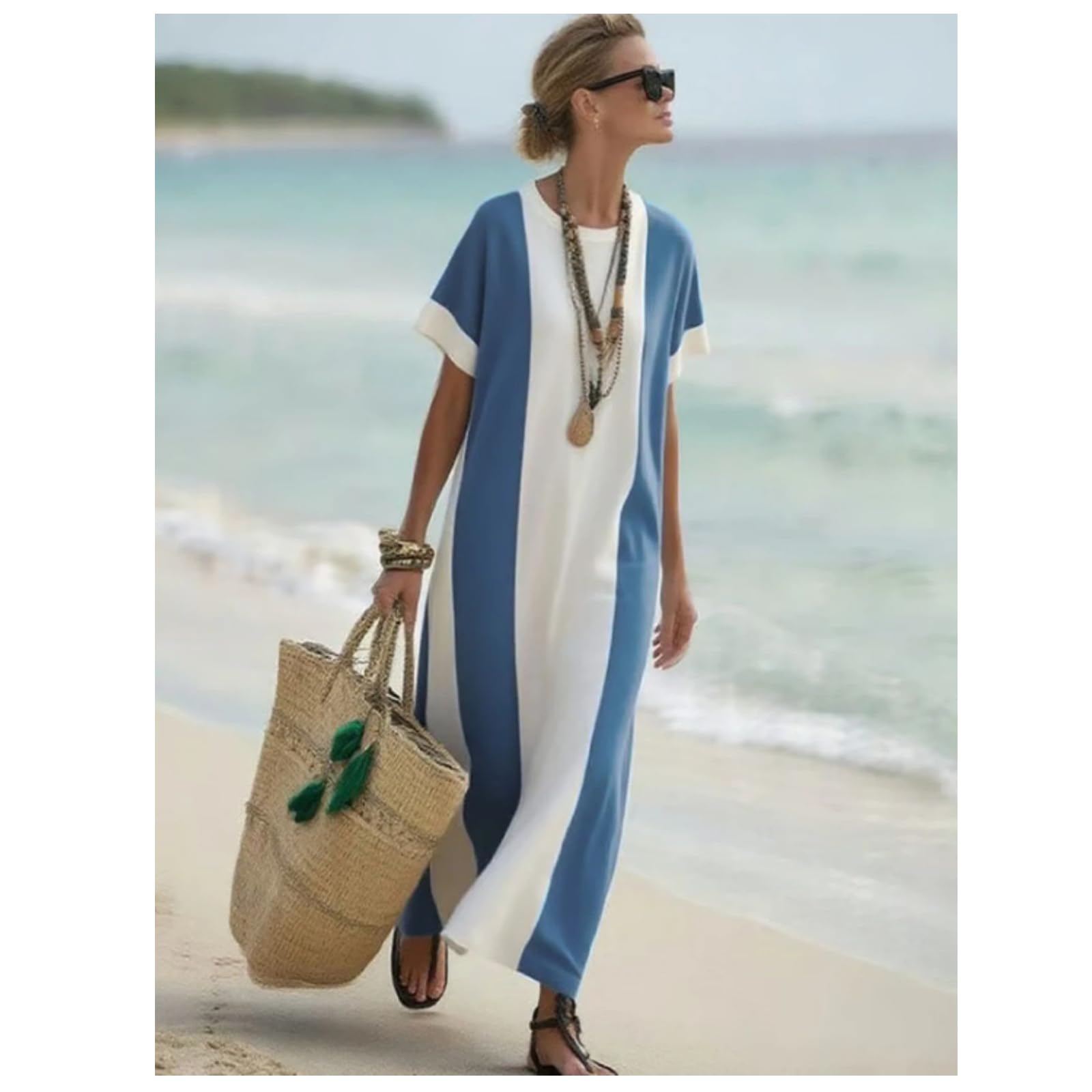 Vestido Suelto de Bloques de Color para Mujeres en la Playa vacacional