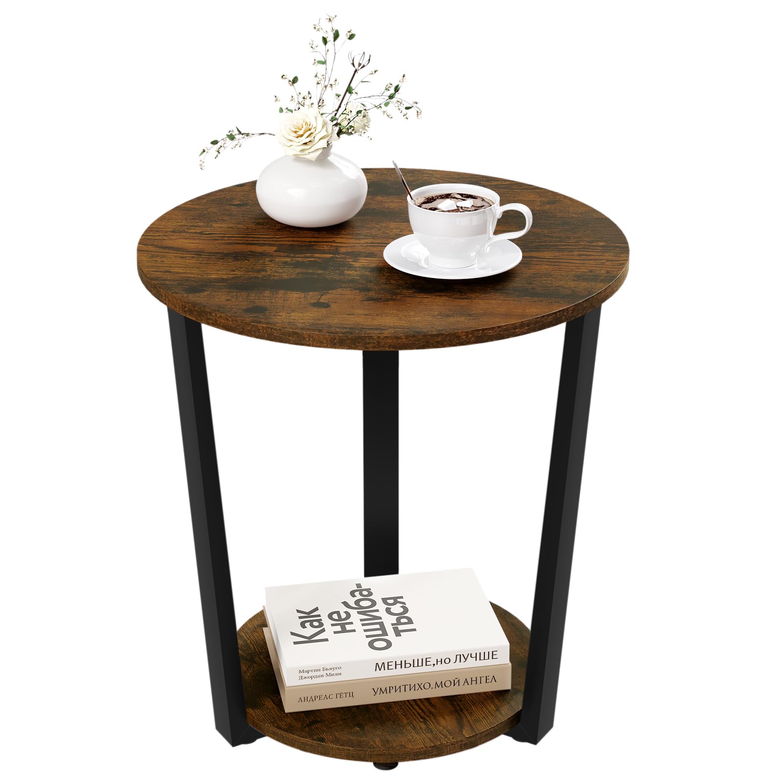 WOLTU Couchtisch rund, Beistelltisch modern, Wohnzimmertisch klein, Sofatisch mit 2 Ablagen, Wohnzimmer Tisch für Couch, Nachttisch, mit Stauraum, aus Holzwerkstoff, Rustikales Braun, BTS13vbn