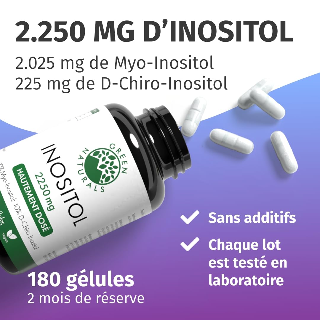 Green Naturals Inositol 2 250 mg – ratio 90:10 myo/D-chiro – 180 gélules | Issu de fermentation · Vegan · Sans additifs · Cure de 2 mois