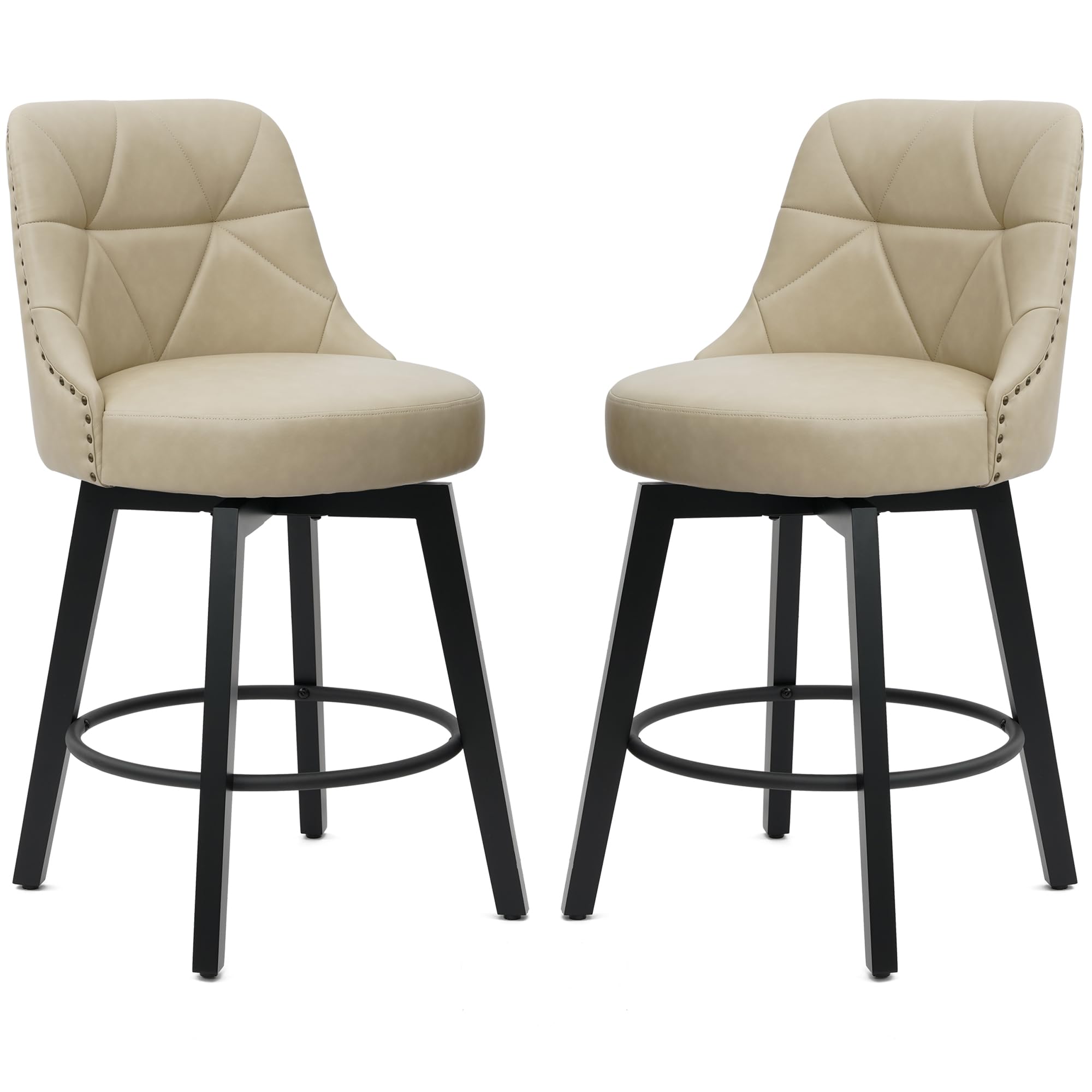 Swivel Bar Stools with Back Set of 2, 26 inch Faux Leather Upholstered Counter Height Bar Stools for Kitchen Island, Round Footrest, Solid Wood Legs