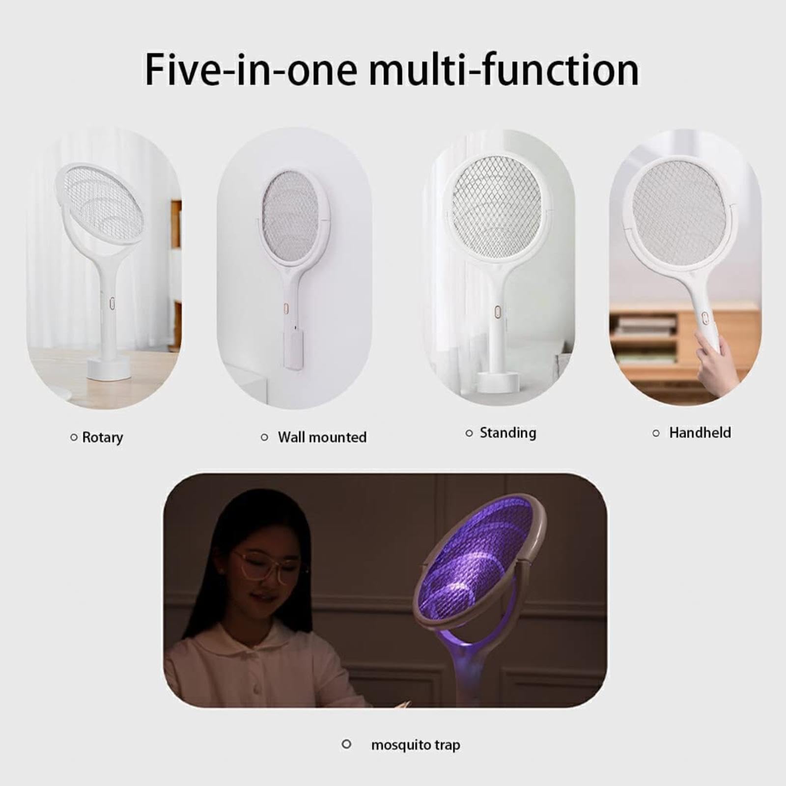 FAXIOAWA Matamoscas eléctrico Recargable montado en la Pared con Base Bug Zapper matamoscas Ahorra Espacio Raqueta eléctrica para Mosquitos Adecuada para habitación Familiar