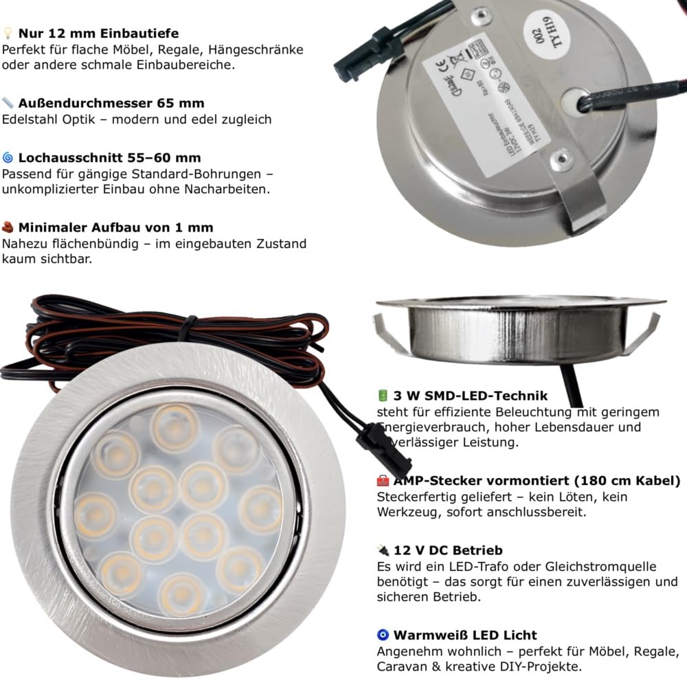 Rolux DF-1021 Einbaustrahler 2er Set LED Edelstahl gebürstet 15mm flach 3W warmweiß 3200K 200lm Bohrloch Ø 55-60mm 12V inkl. 15W LED Trafo 230V Verteiler und Eurostecker sowie 1,8m Kabel je Leuchte