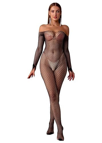 Bommi Fairy Women‘s Sexy Fishnet Mesh Bodystockings One Piece Bodysuit Teddy Lingerie Off The Shoulder Outfit Jumpsuit Underwear - Black