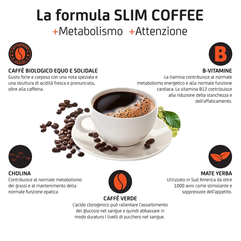 SLIM COFFEE. Ottimo per il metabolismo lipidico. Con colina, garcinia cambogia, estratto di caffè verde, vitamine B e caffeina | Aumenta l'energia e il controllo dell'appetito | 30 porzioni