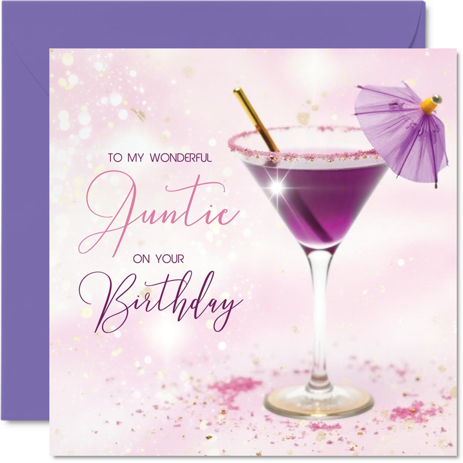 Auntie Birthday Card - Purple Cocktail - Happy Birthday Card for Auntie from Nephew Niece, 145mm Purple Cocktail Bday Greeting Cards