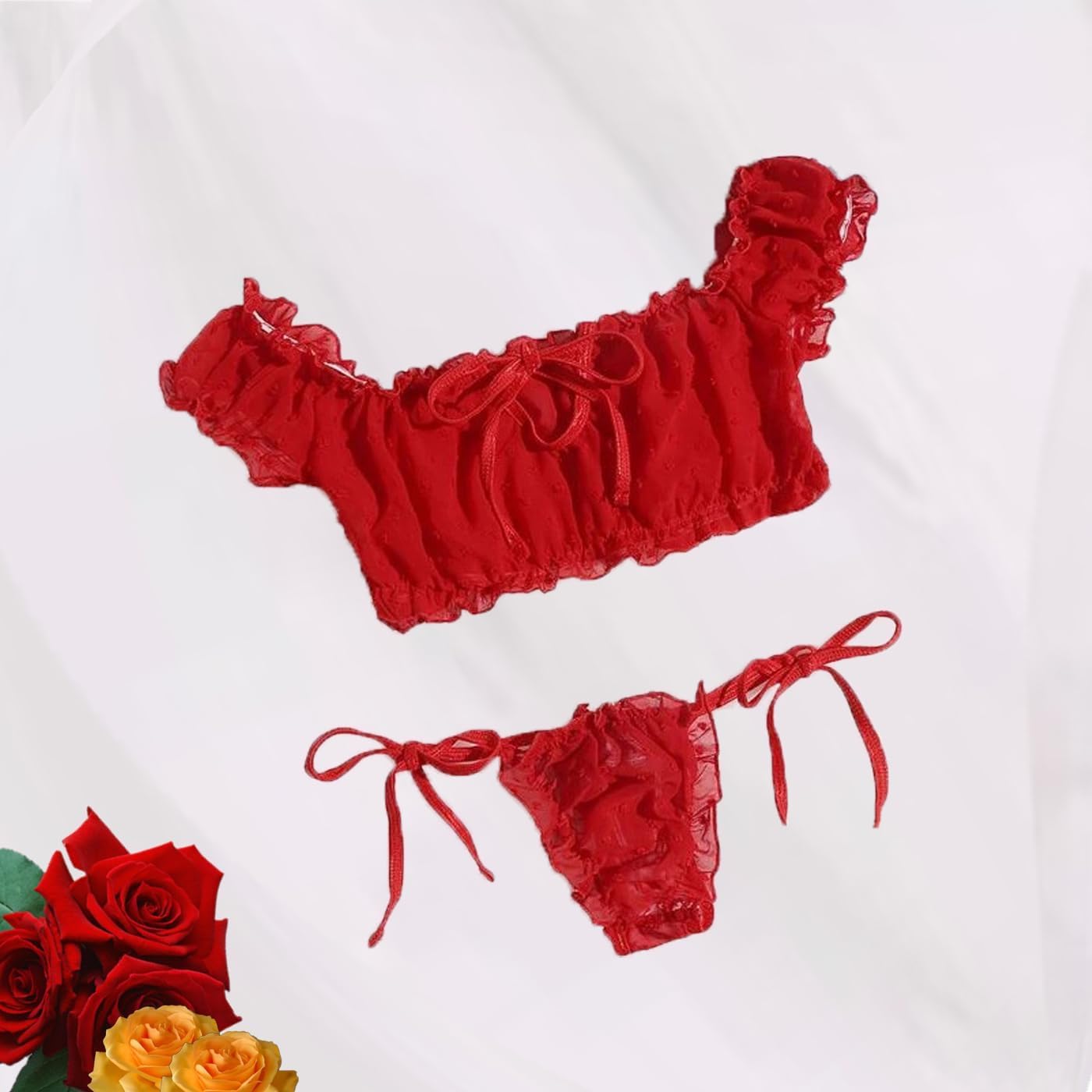 WBDWWTD Damskie seksowne biustonosze i majtki w kropki komplety bielizny Babydoll Strappy przezroczyste wykończone frędzlami bielizna z uroczą kokardką G String