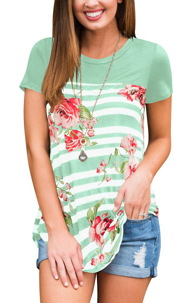 Womens Summer Color Block Tee Shirts Short Sleeve Light Green M