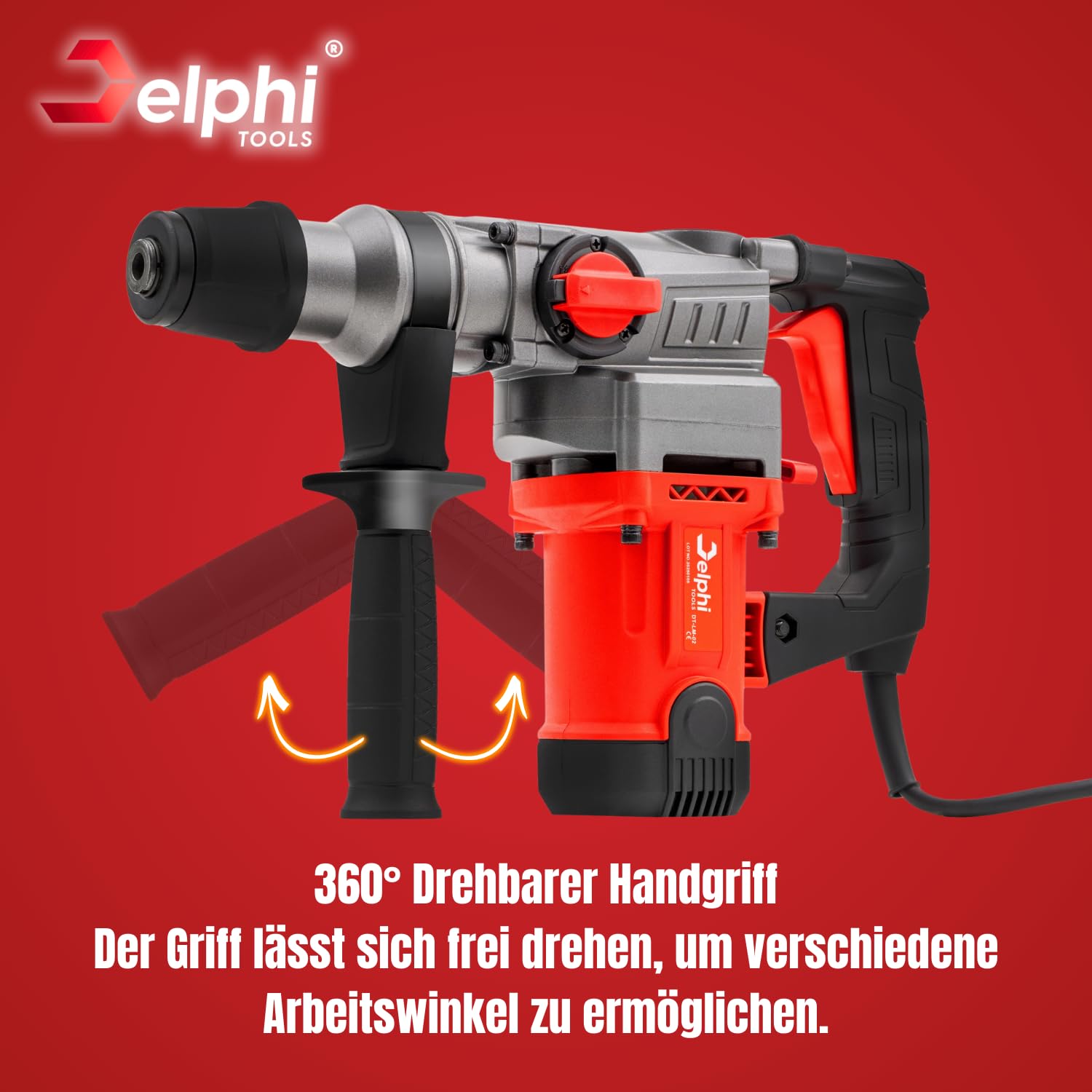 Delphi Martello Demolitore SDS Plus 2200W, Trapano a Percussione 3 Funzioni, 4J Energia d’Impatto, con Custodia, Punta e Scalpello, Cavo da 2,8m, Set di Accessori
