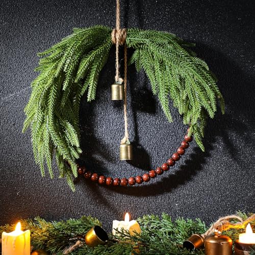Dingion Norfolk Pine Christmas Wreath with Wood Bead 11.8 in Christmas Norfolk Pine Wreath for Front Door Farmhouse Rustic Xmas Artificial Door for Window Wall Hanging Decor(Classic)