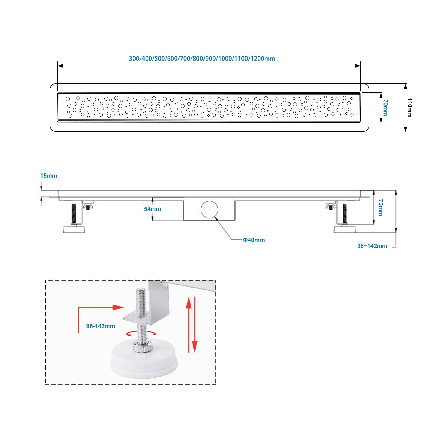 Caniveau Acier Inox 60cm, Drainage Rapide avec Siphon Bloc-odeur et Filtration Cheveux