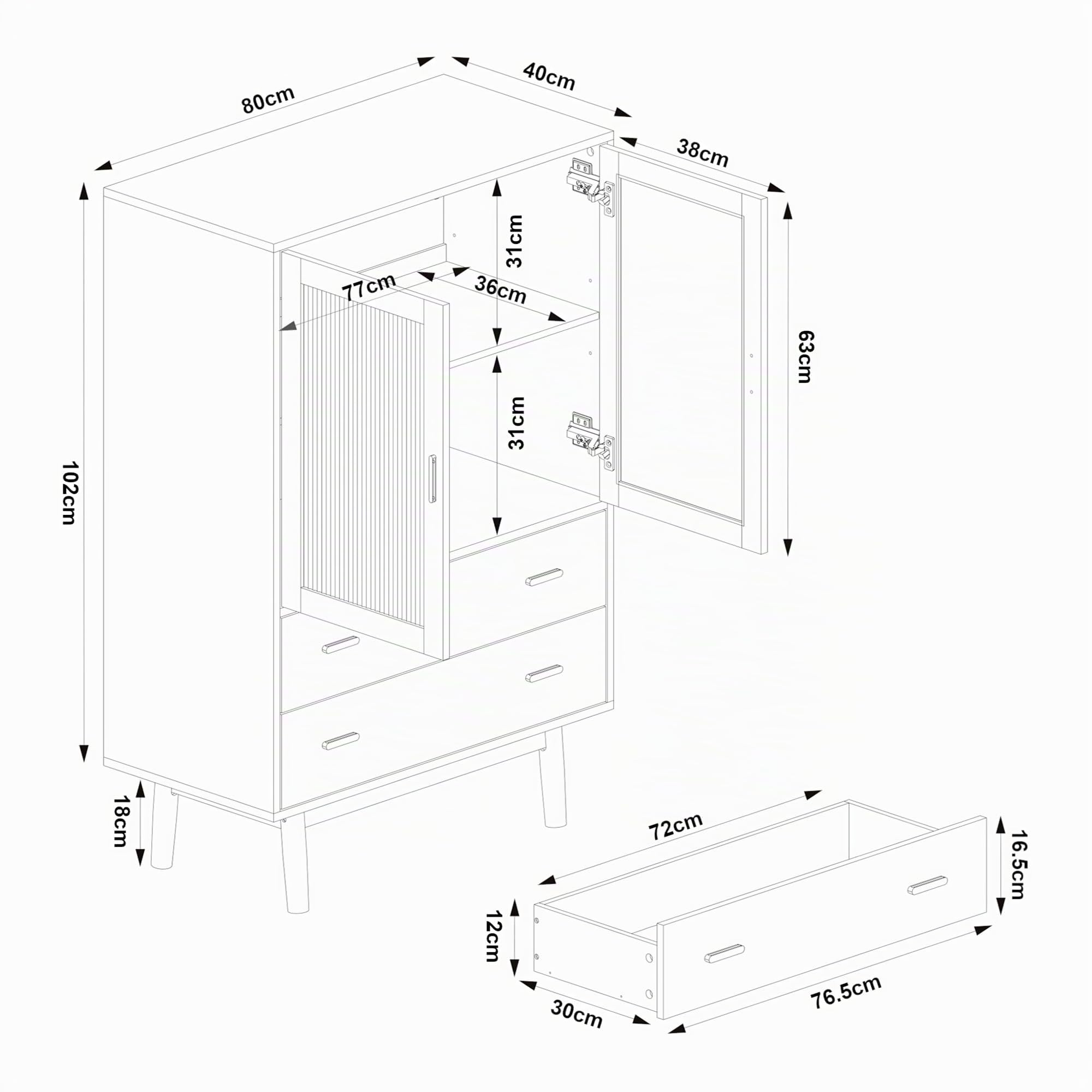 [en.casa] Vitrina Susa Aparador para salón con Estante 2 Cajones 2 Puertas de Cristal Mueble Auxiliar para Comedor Oficina MDF Patas de Pino 120 x 80 x 40 cm - Beige