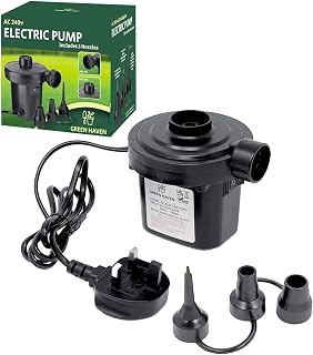 GREEN HAVEN AC Electric Air pump | Camping Electric Pump for Inflatables with 3 Nozzles | Quick Inflate & Deflate AC 240v 150w Air Pump | Electric Pump for Paddling Pools, Air Beds Swimming Pools