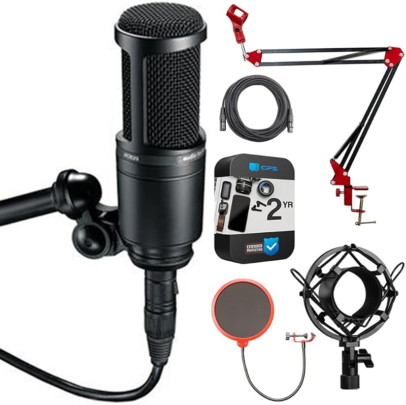 Side Address Cardioid Condenser Studio Microphone AT2020 Bundle with 2 YR CPS Enhanced Protection Pack, Metal Shock Mount, Pop Filter, Suspension Boom Arm Stand and 25ft XLR Cable