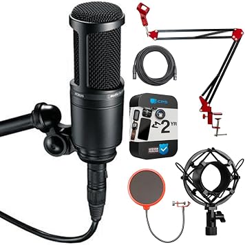 Audio-Technica Side Address Cardioid Condenser Studio Microphone AT2020 Bundle with 2 YR CPS Enhanced Protection Pack, Metal Shock Mount, Pop Filter, Suspension Boom Arm Stand and 25ft XLR Cable
