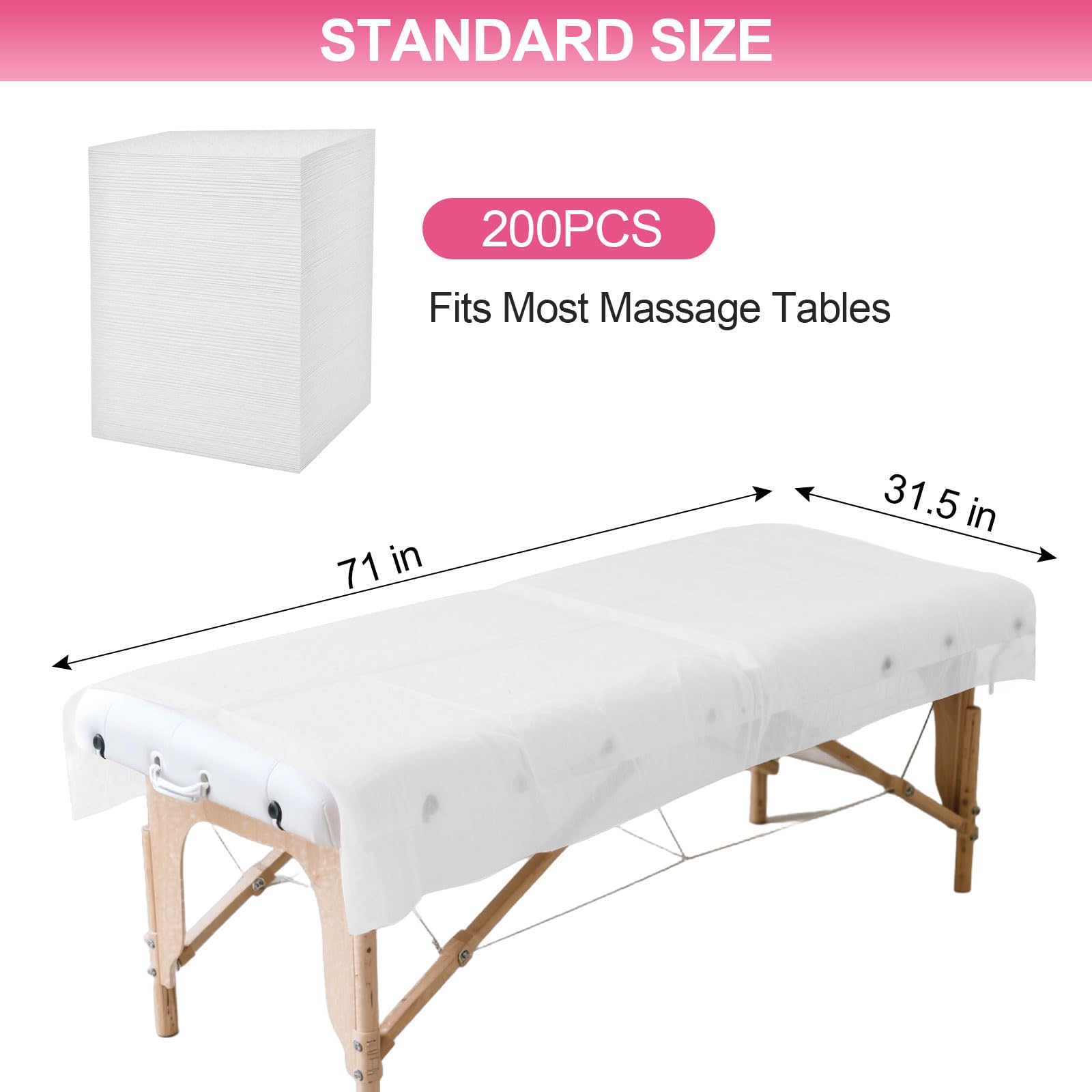 200 sábanas desechables para mesa de masaje de 31 x 71 pulgadas, fundas de cama de tela no tejida para spa, masaje, belleza y tatuajes, transpirables, higiénicas (blanco)