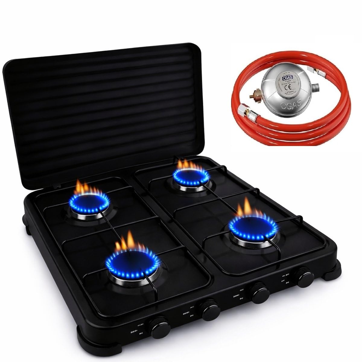 SMH LINE® Hornillo de gas para camping, 4 fuegos, incluye manguera y regulador, 50 mbar, gas propano de 10 kW, hornillo de camping, botella de gas, estufa de exterior, cocina XL (incluye manguera y