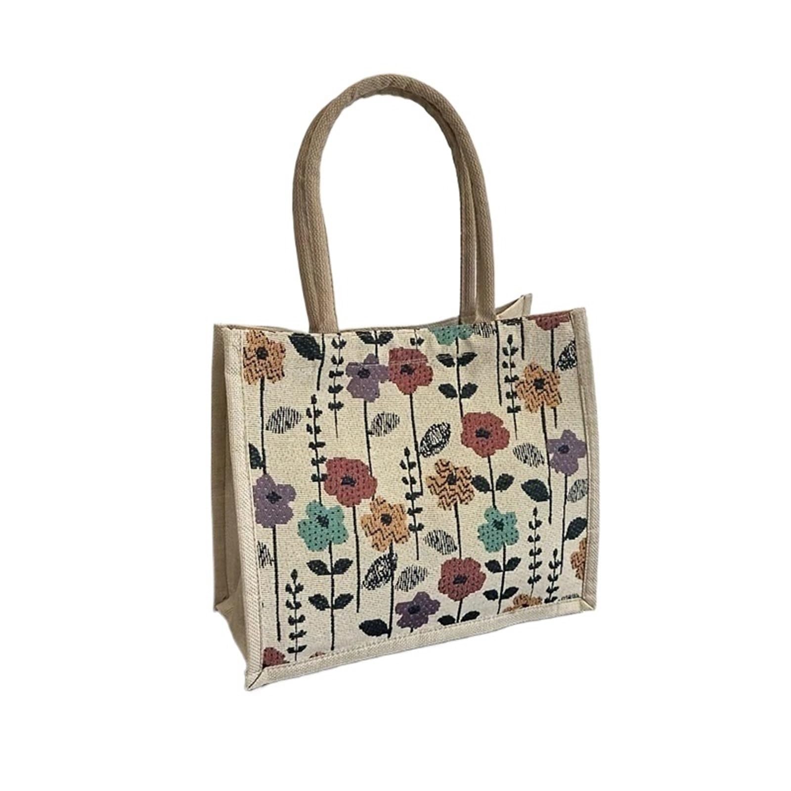 OZLCUA Jute Bags Linen Button Vintage Women's Tote Large Capacity Grocery Bag Gift Beach Organizer Portable Shopping Lunch Bag Retro Tote Linen Bags (Beige)