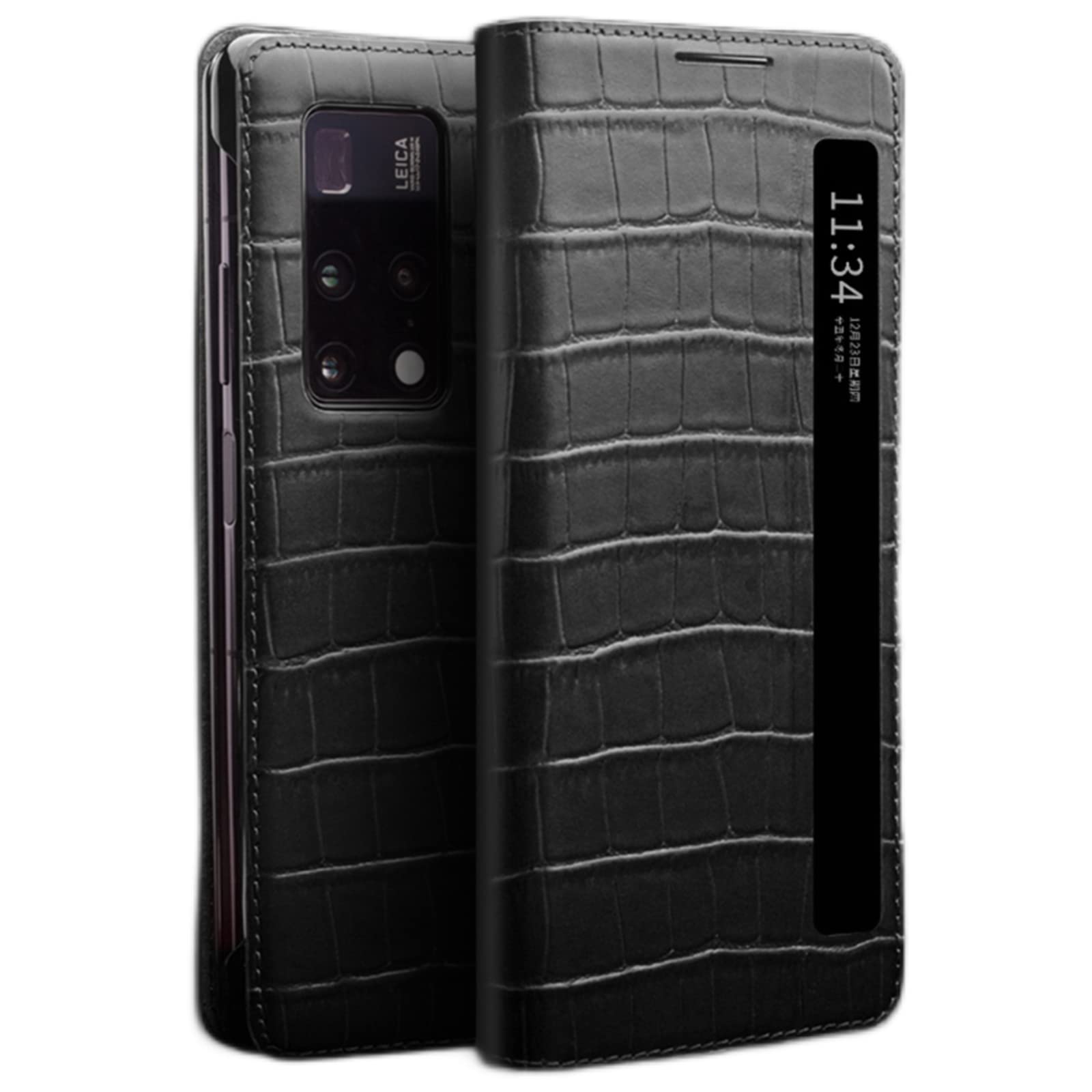 Etui kompatybilne z Huawei Mate X2, prawdziwa skóra pokrowiec z klapką przezroczysty widok okno podpórka inteligentny sen/budzenie magnetyczne zamknięcie, skórzane etui do Huawei Mate X2, czarne