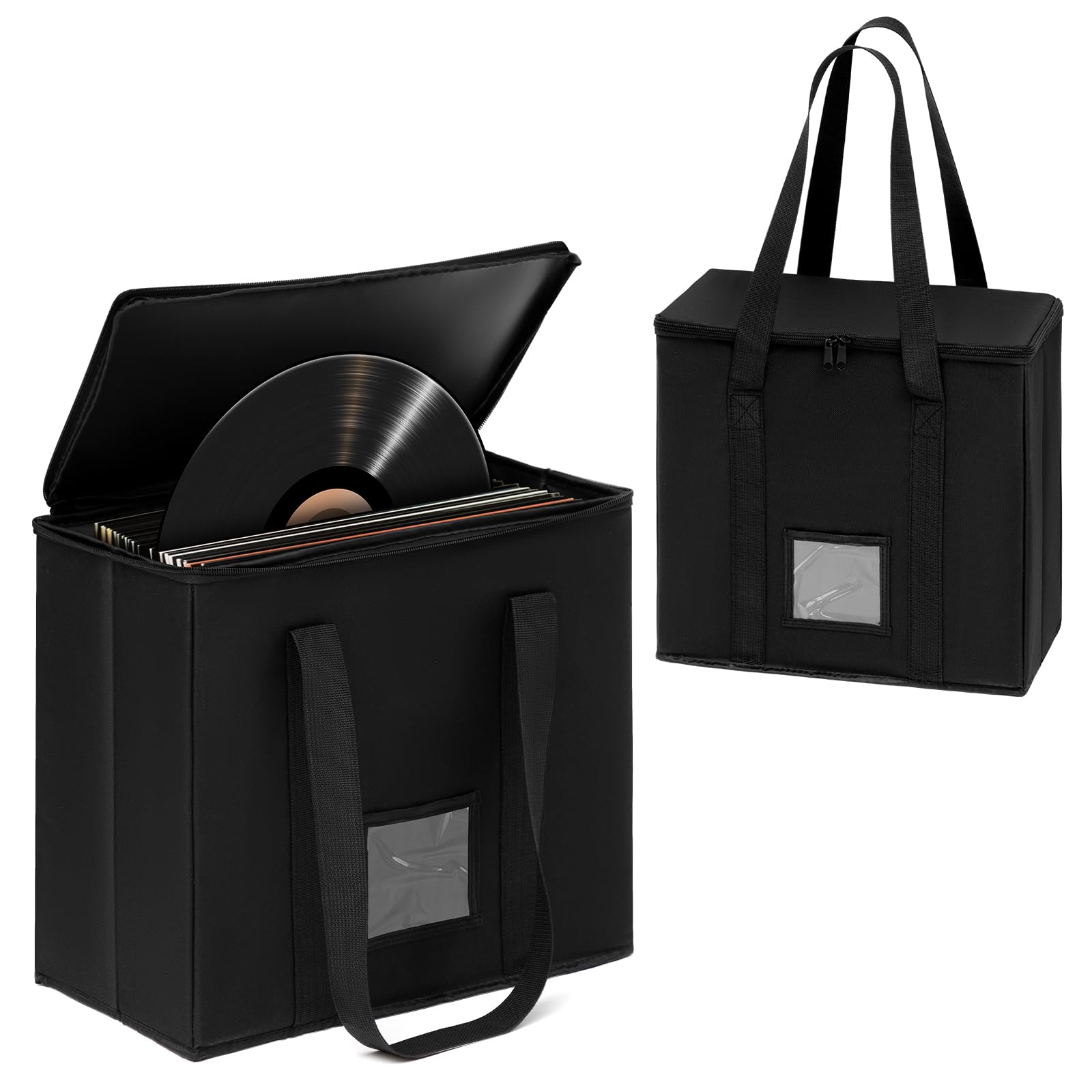 Fiada 2 Pack Vinyl Record Storage Bags - Heavy Duty 600d Oxford Carry Case, Holds 60+ 7''/12'' LP Albums Each, Double Zipper Tote with Handle & Label