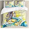 Ambesonne Mermaid Duvet Cover Set, Mermaid Sitting on Rock Sunny Day Colored Pencil Drawing Effect, Decorative 3 Piece… 617O0M Os5L. SS100