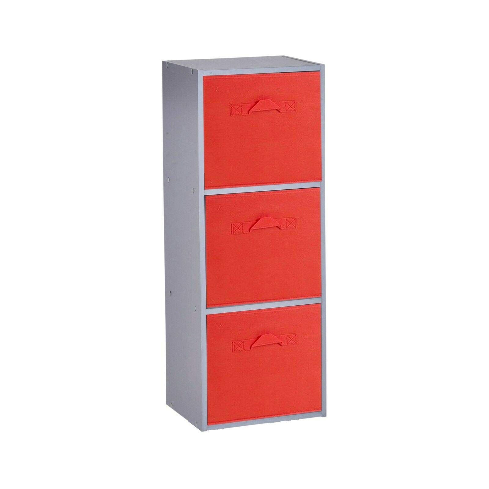 URBNLIVING Wooden Bookcase Grey 3 Tier + 3 Red Drawer