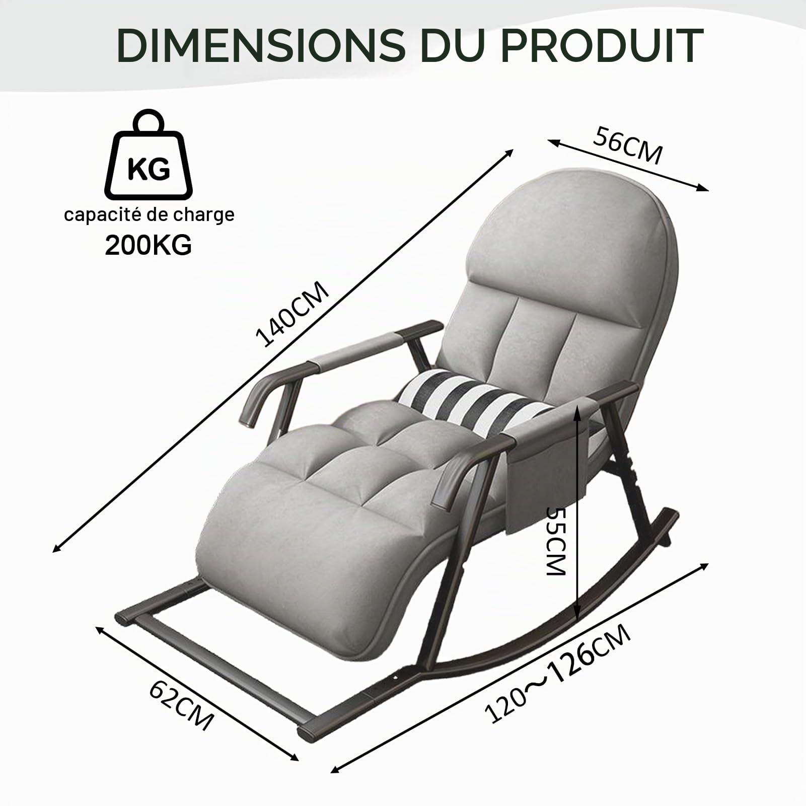 Fauteuil a Bascule, Chaise a Bascule, avec Repose-Pieds, Dossier Réglable sur 5 Positions, Exterieur Interieur, Fauteuil à Bascule Allaitement, Assise RembourréE, Poches Latérales (Gris)