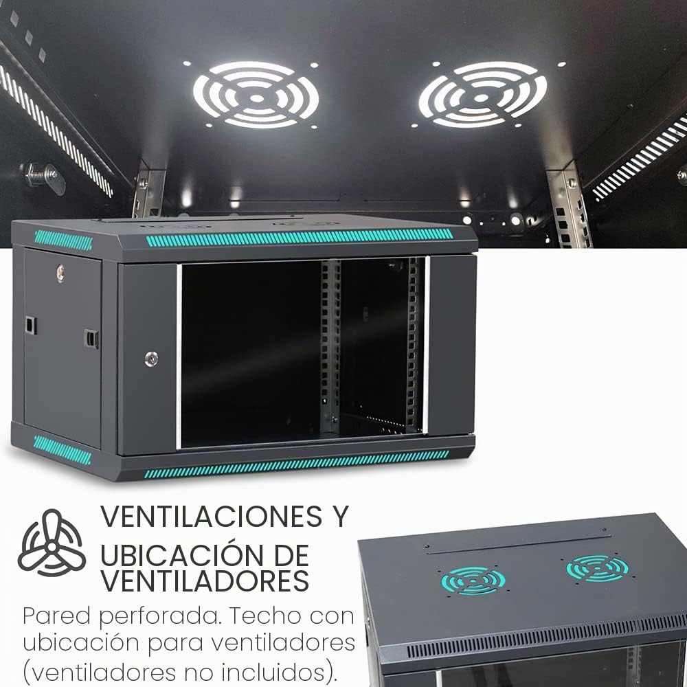WAYTEX 37401 - Caja de Armario de Red de 19 Pulgadas, 6U – 600 x 450 x 368 mm – Montaje en Pared o Patas suministradas – Puerta de Cristal con Cerradura – Color Negro