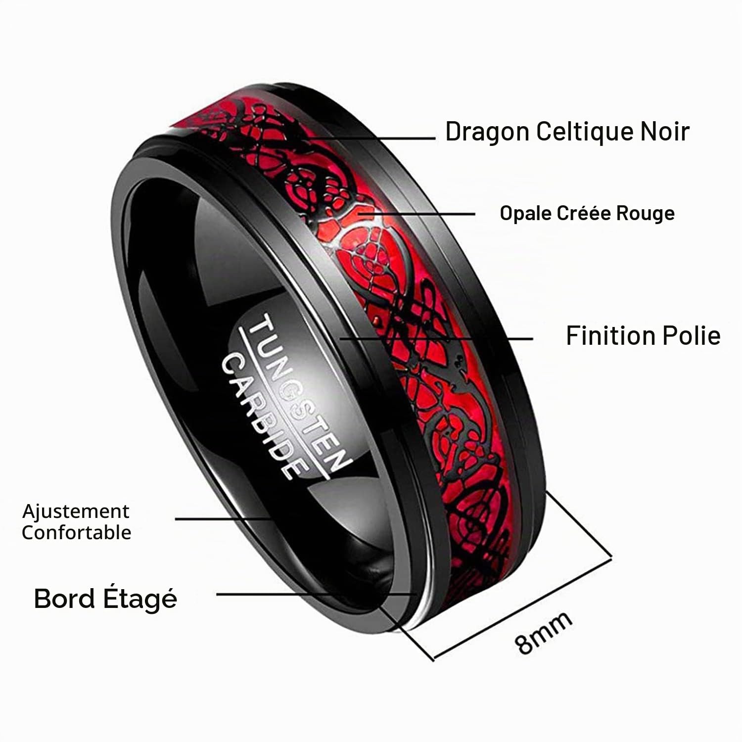 NUNCAD Bague Homme Dragon Celtique, Anneau en Tungstène avec Fibre de Carbone, 8mm, Bague/Bleu/Or/Noir/Rouge