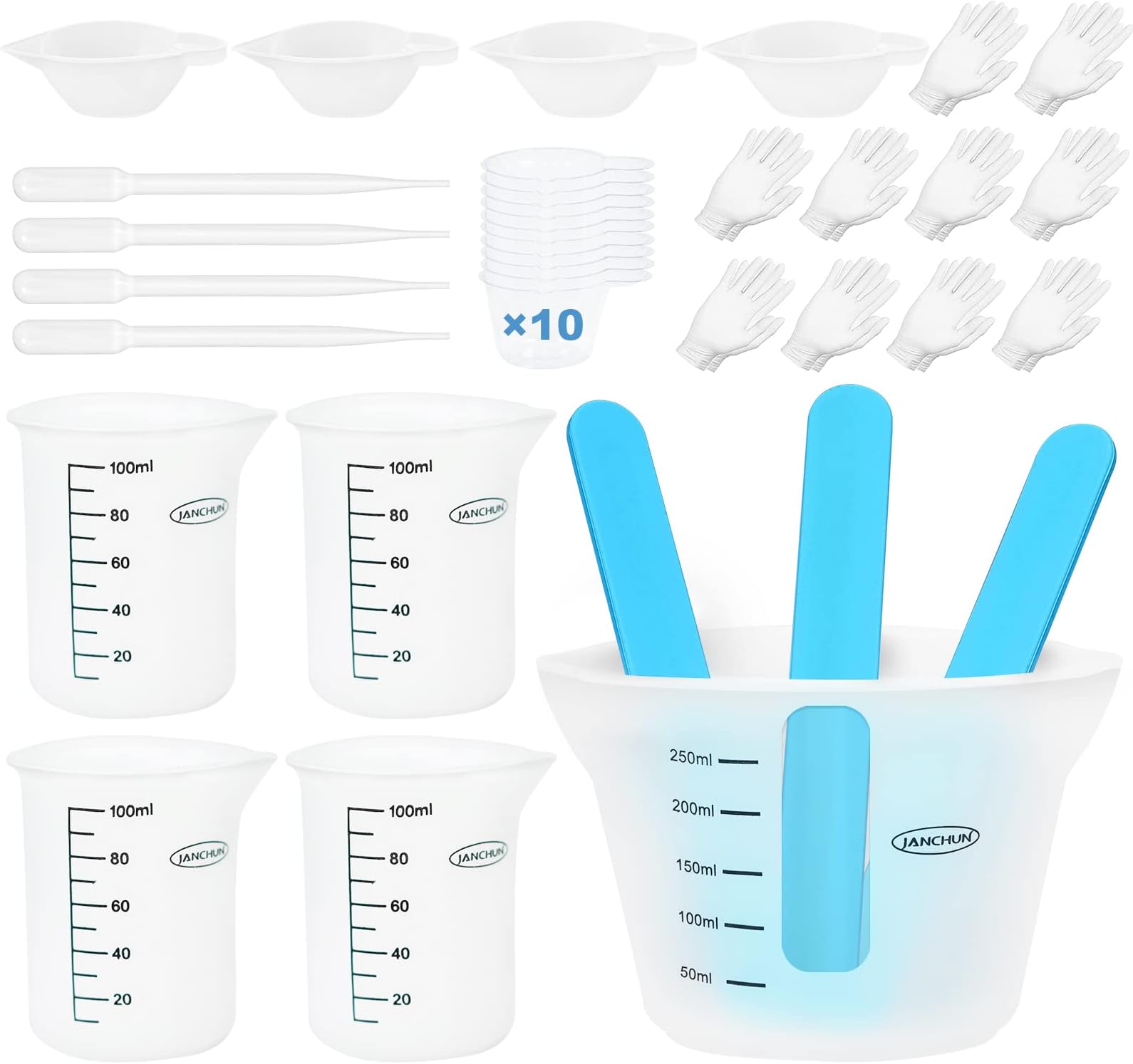 JANCHUN Silicone Measuring Cups for Epoxy Resin, 250ml and 100ml with Hard Stir Sticks, Epoxy Mixer, Color Cups, Mixing Tools for Molds and Jewelry Making, Easy to Clean