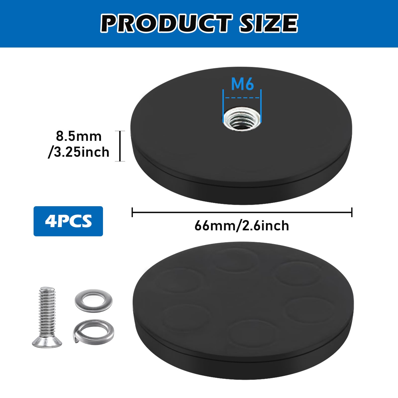 4 magneti al neodimio gommati Ø 66 mm, magnete con filettatura al neodimio 17 kg, magneti rotondi in gomma con filettatura esterna M6, magneti gommati, per veicoli e apparecchi