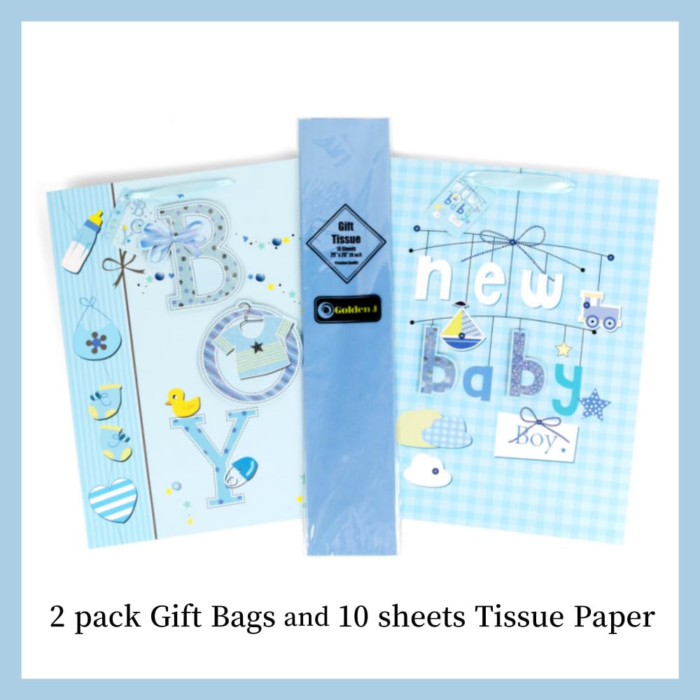 Geschenktüte für Babyparty, 41,9 cm, mit Seidenpapier/Griffen und Etiketten, für Jungen und Baby, 2 Stück