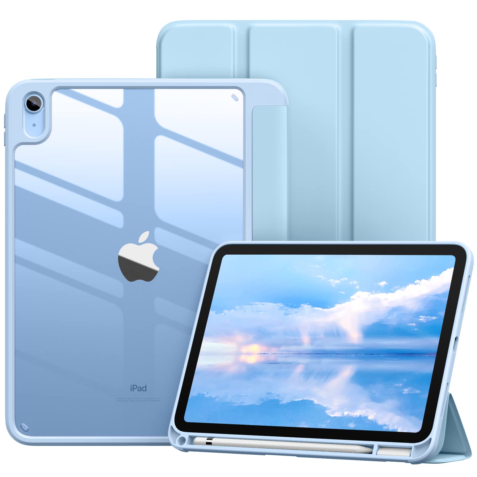 Vobafe Case for iPad A16 11th Generation 11 inch 2025/iPad 10th Generation 10.9 inch 2022, PC Clear Back Cover, Trifold Stand for iPad 11th/10th Gen with Pencil Holder, Auto Wake/Sleep, LightBlue