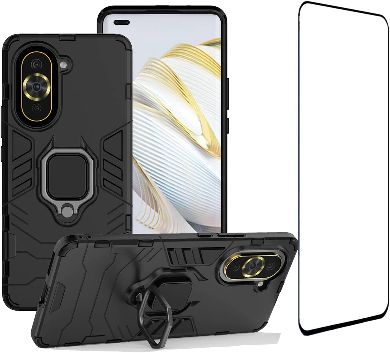 [1+1] Case for Huawei Nova 10 Pro 4G, Hybrid Rugged Heavy Duty Anti-Scratch Kickstand Case with Tempered Glass Screen Protector (1pcs) (Huawei Nova 10 Pro 4G, Black)