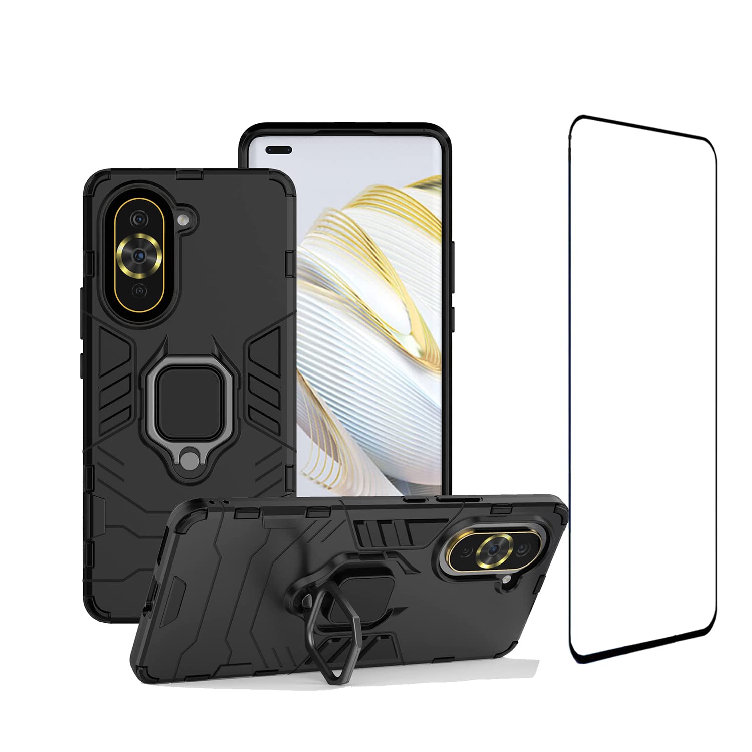 [1+1] Case for Huawei Nova 10 Pro 4G, Hybrid Rugged Heavy Duty Anti-Scratch Kickstand Case with Tempered Glass Screen Protector (1pcs) (Huawei Nova 10 Pro 4G, Black)
