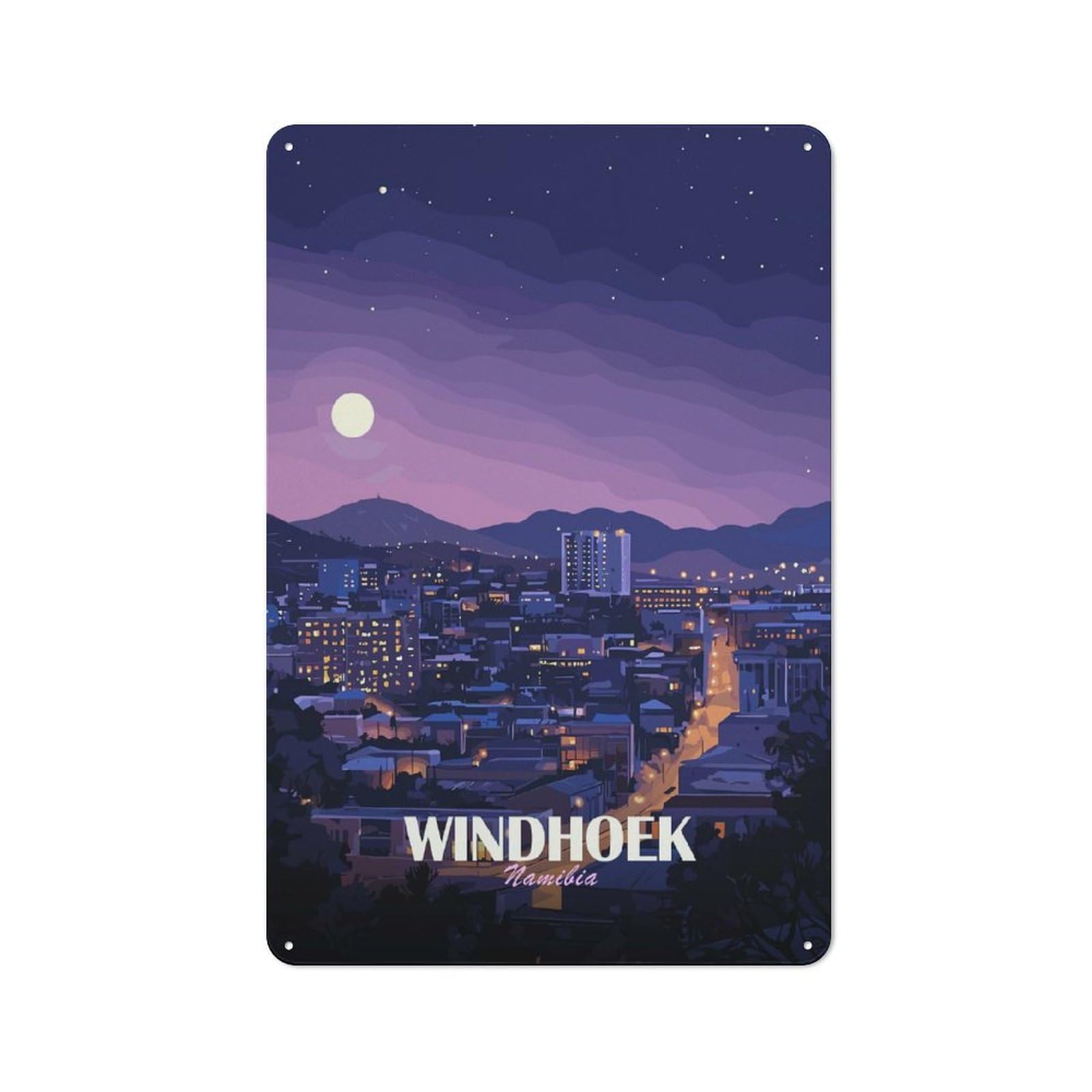 Junmoney Style-4 Workshop Style Windhoek Namibia Cityscape At Night Decorative Metal Plaque 30X20cm, Shed Wall Plaque For Tool Room, Garage, Studio Or Home Bar