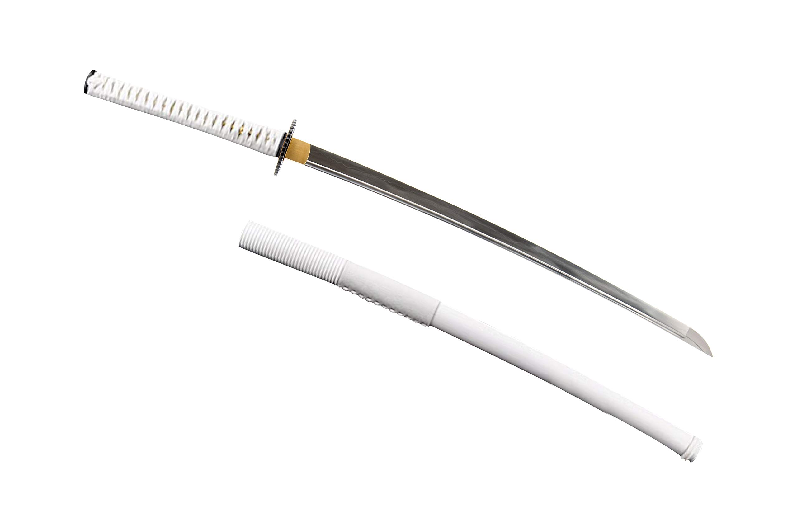 Handmade Sword - Fully Practical Japanese Samurai Katana Sword, Hand Forged, Full Tang, 1045 Carbon Steel Sharp, Heat Tempered, Empire Wheel Tsuba, White Scabbard Wrapped by Leather