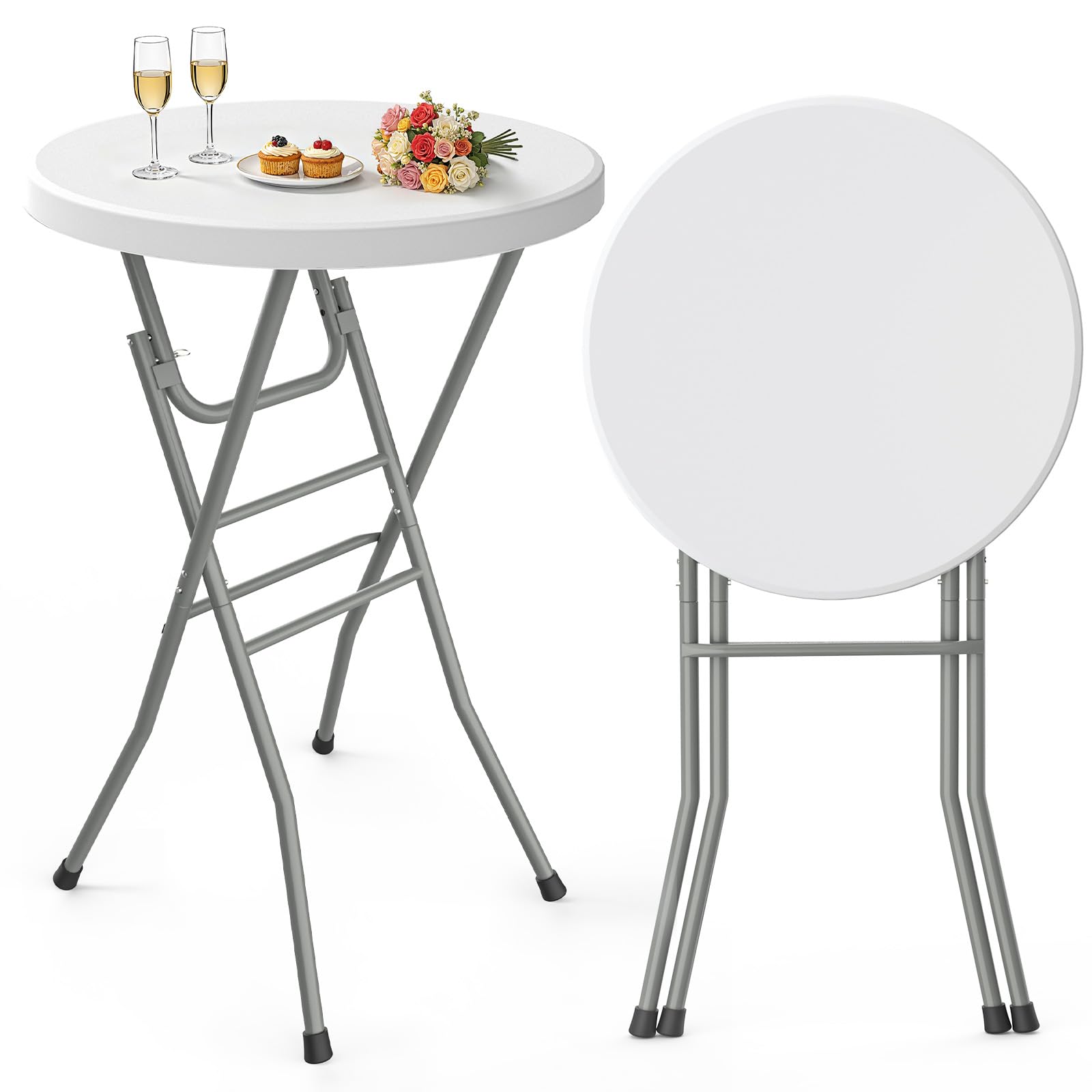 Photo 1 of Pureegg Round Cocktail Table - High Top Bar Table (28" Diameter x 43.3" Height) with X-Shaped Support Frame, Foldable & Portable for Parties, Weddings, Events & Home Use, White - 1PCS