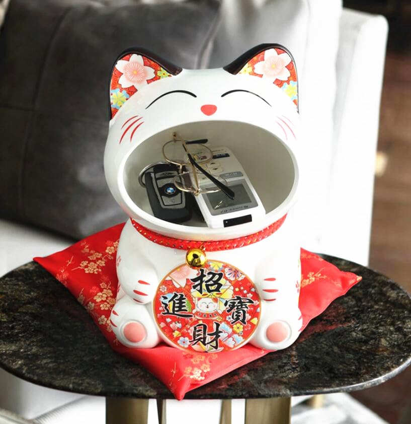 EatingBiting Figura decorativa de cerámica japonesa Maneki Neko de 20 cm, diseño de gato de la suerte, caja de almacenamiento, escultura de arte ornamental, decoración del hogar, gato para apertura de