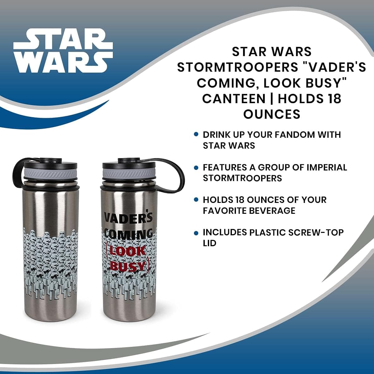 Seven20 STAR WARS Stormtroopers Darth Vader'S Coming, Look Busy Stainless Steel Canteen Water Bottle| Bpa-Free Sports Water Bottle Jug With Leakproof Lid, Travel Accessories | Holds 18 Ounces