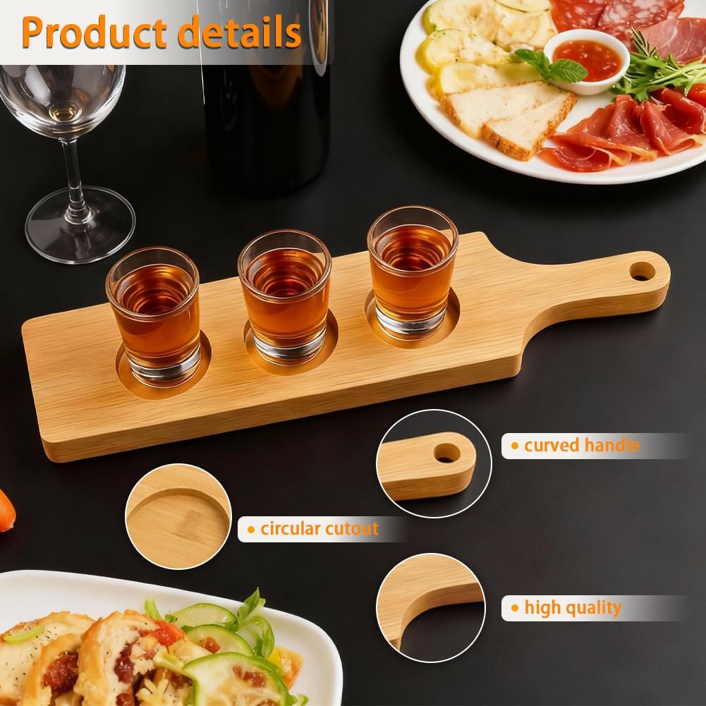 6PCS Flight Board for Tasting, 3 Slots Bamboo Beer Flight Boards, Wine Flights Tasting Set, Natural Flights Paddle, Serving Tray Shot Glass Holder for Beer, Whiskey, Bourbon, Wine